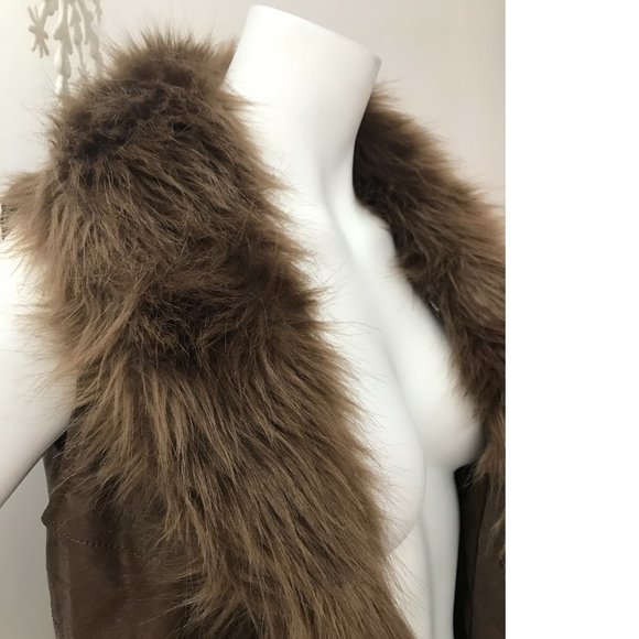 STA Coalition faux fur vegan leather brown vest sleeveless jacket gold zipper - Picture 3 of 5
